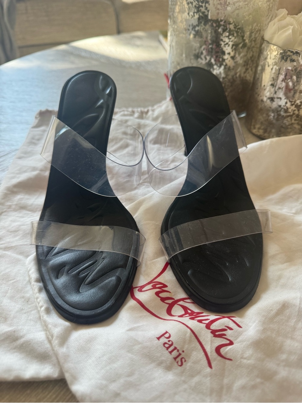 Christian Louboutin Black Slide Sandals with Clear Straps
